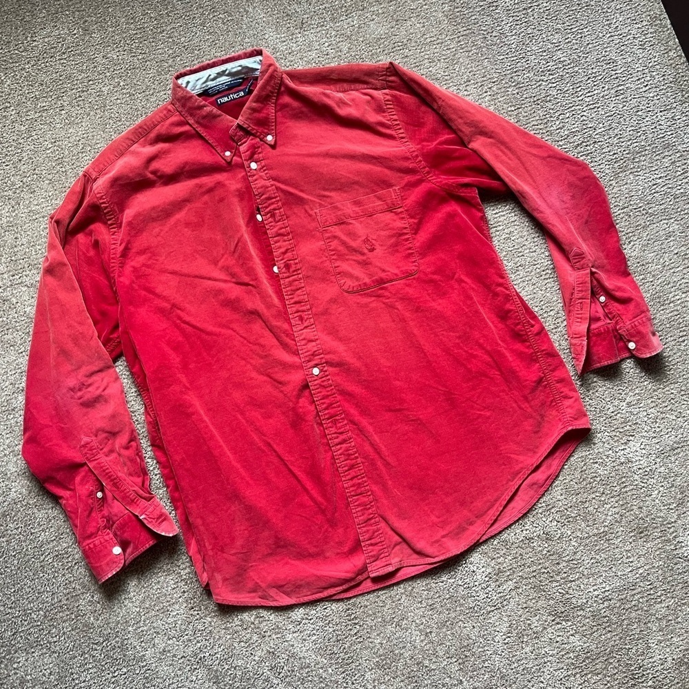 VTG 90’s Nautica Red Corduroy Button Down Shirt - Picture 2 of 5